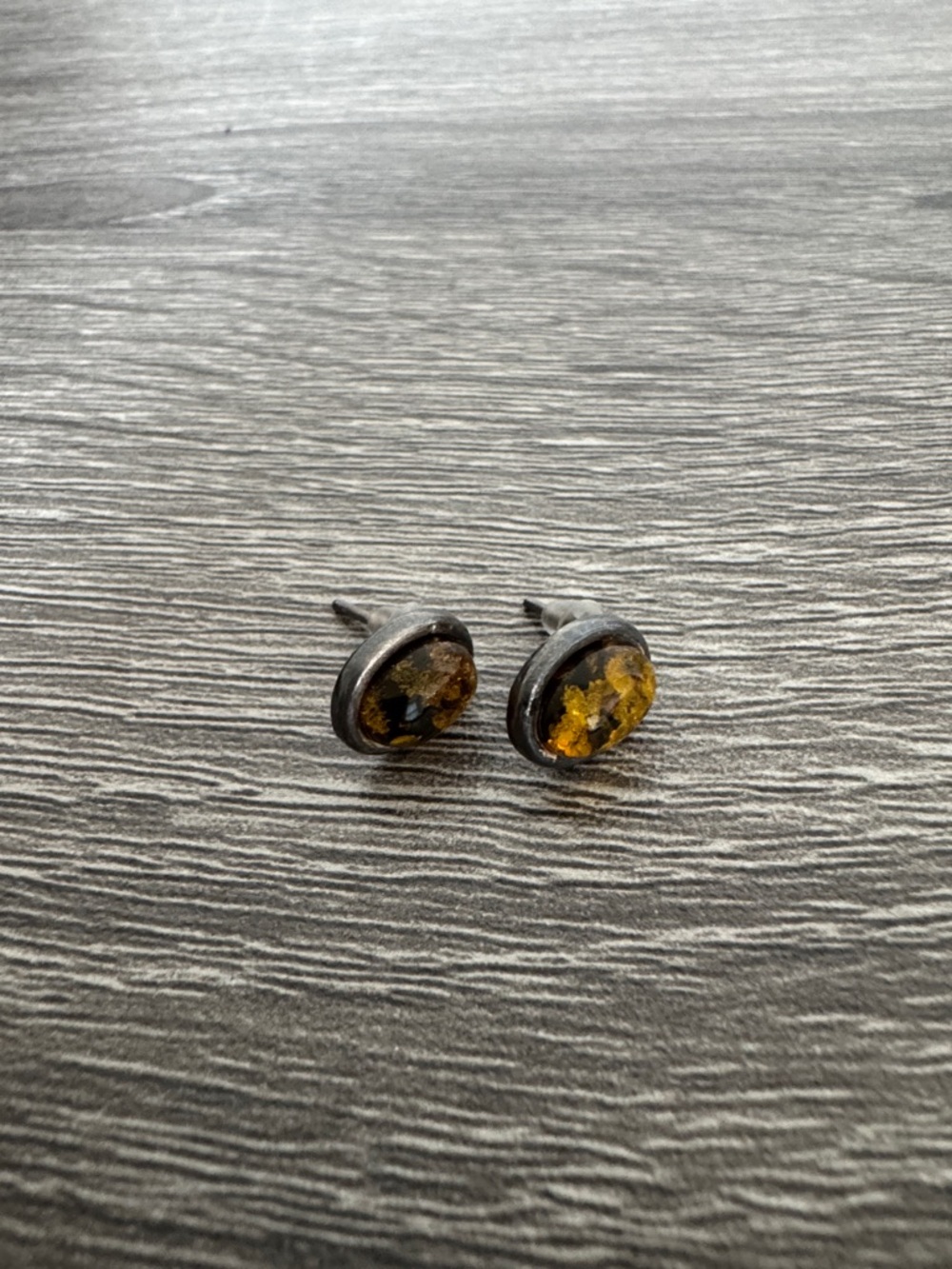 Amber Resin Round Stud Earrings in Dark Metal